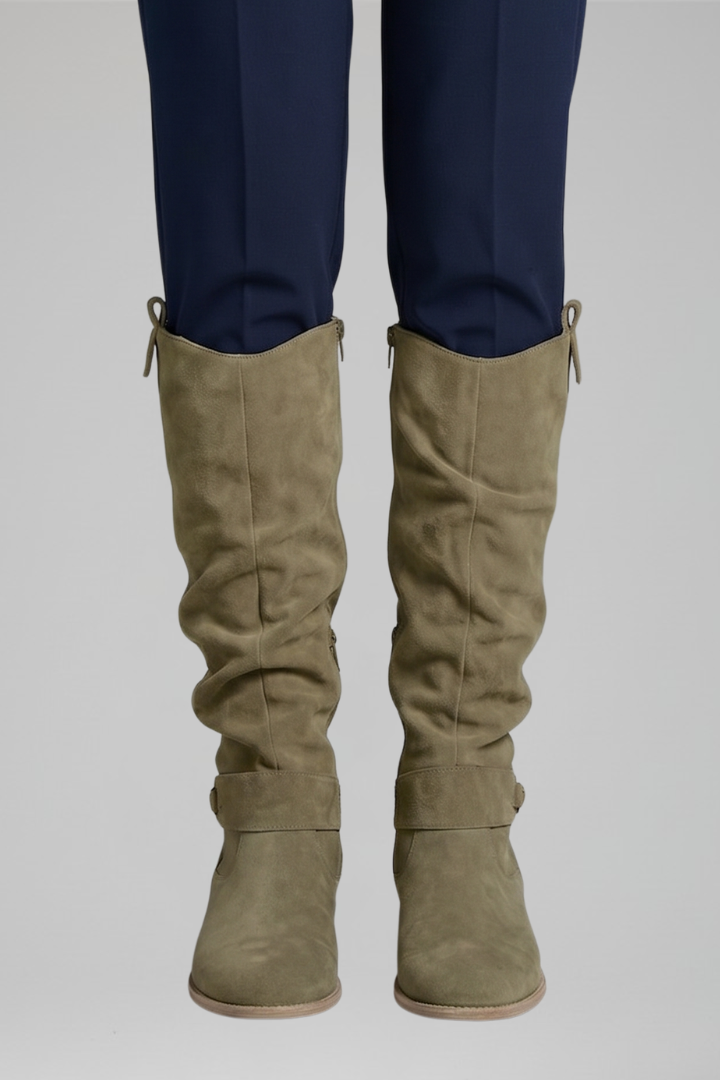 Women's beige knee-high boots with side zip closure and faux suede finish