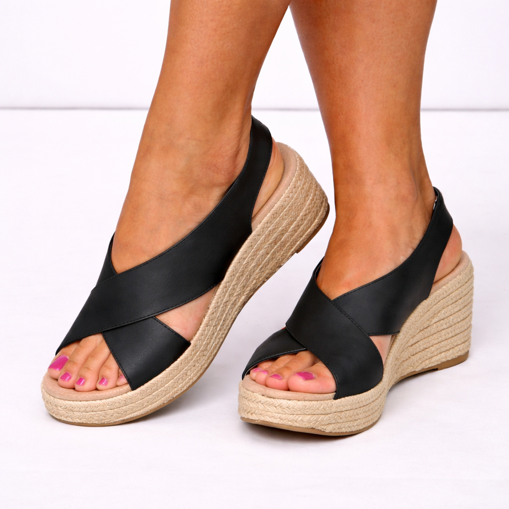 Women's black crossover strap espadrille wedge sandals