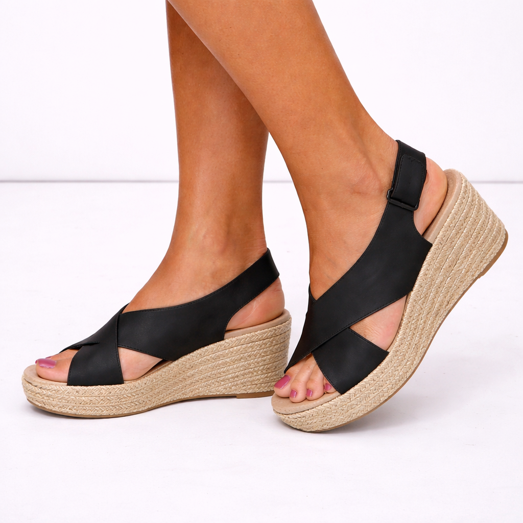 Women's black crossover strap espadrille wedge sandals