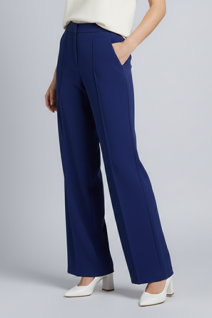 Women's navy blue pleat front palazzo trousers with a high waist wide leg fit