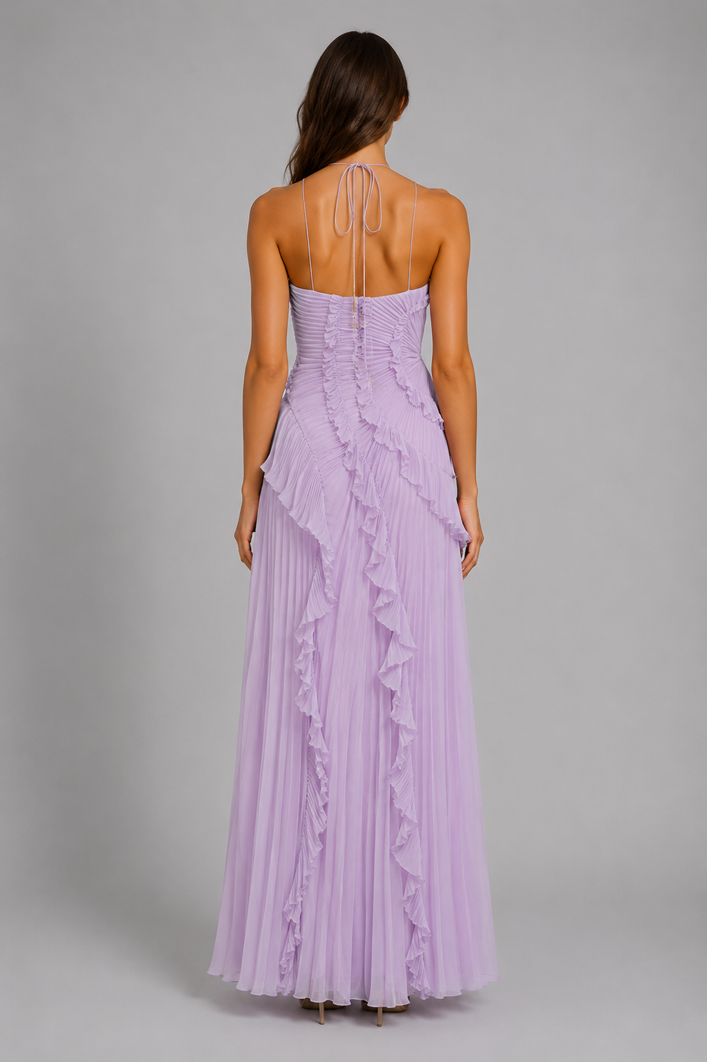 Women's lilac pleated ruffle halter maxi dress