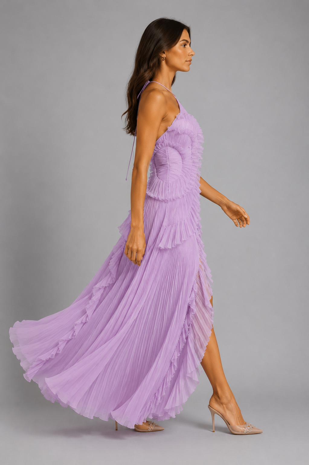 Women's lilac pleated ruffle halter maxi dress