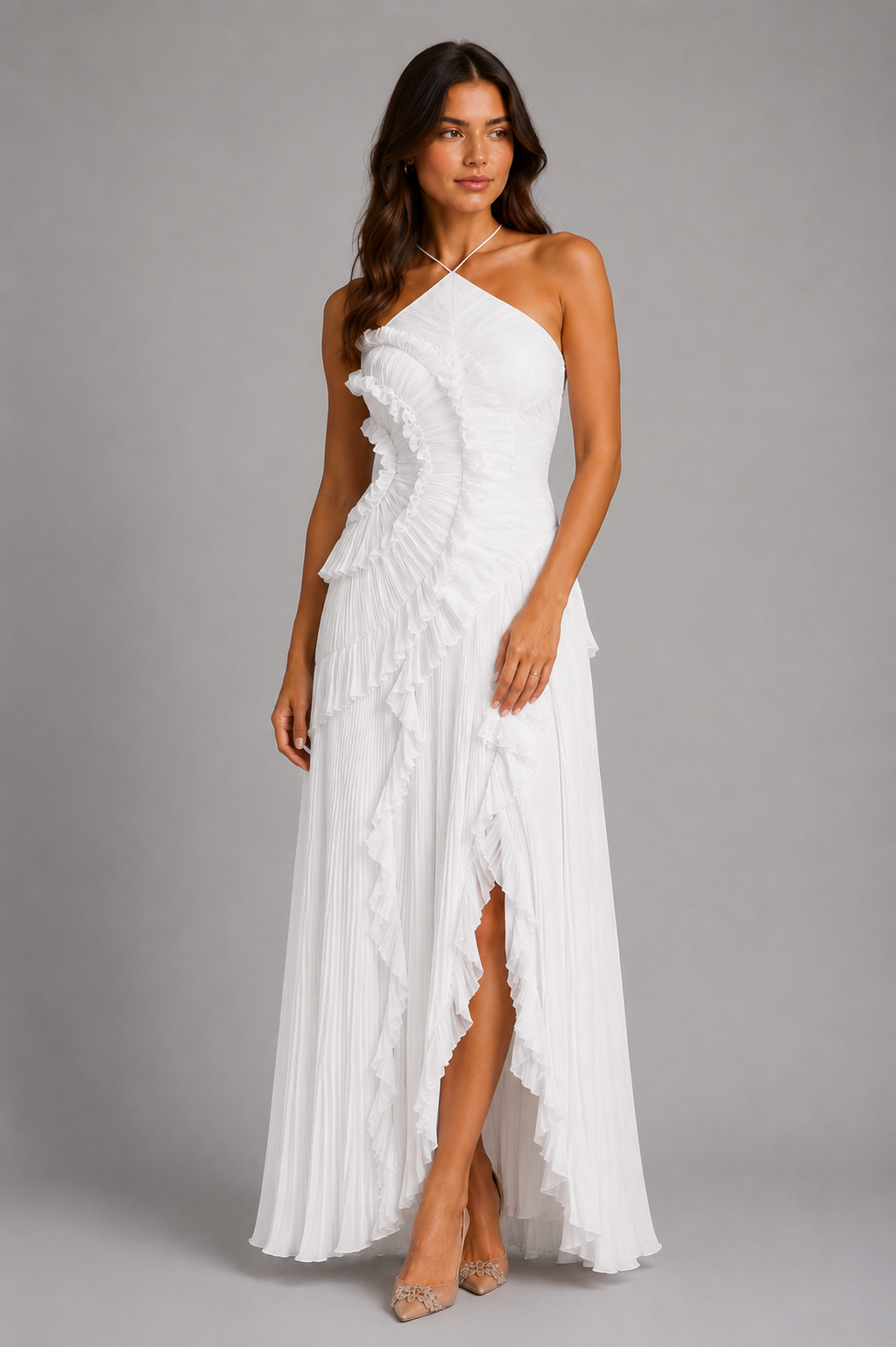 Women's lilac pleated ruffle halter maxi dress