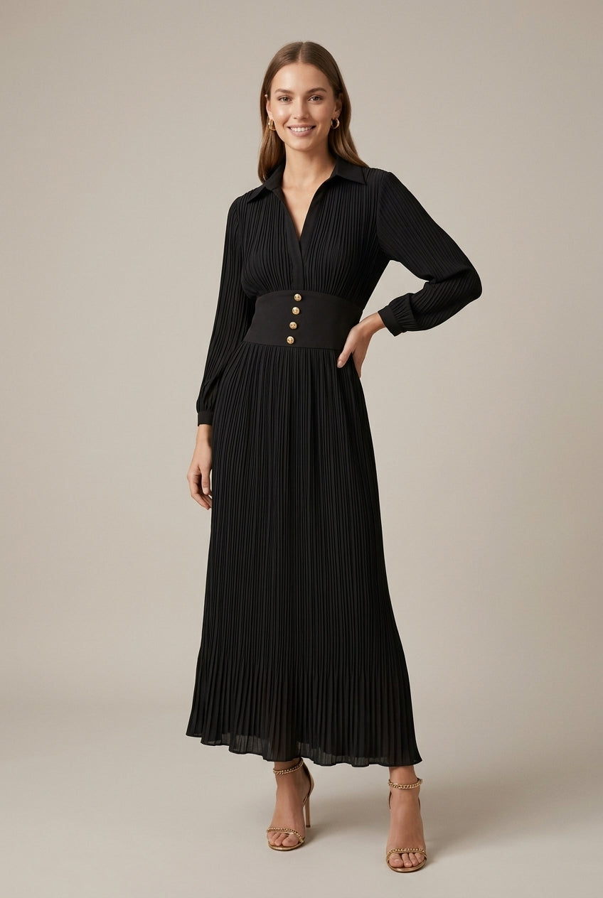 Women's black pleated maxi dress with V neck and button waist