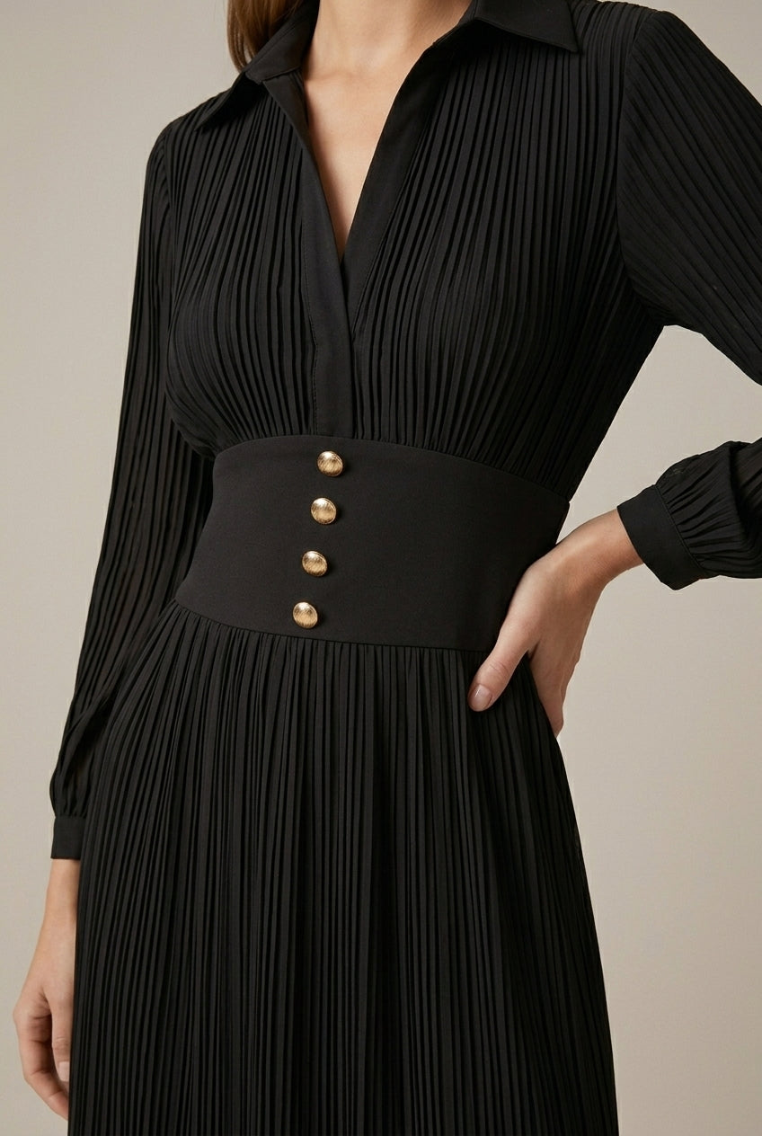 Women's black pleated maxi dress with V neck and button waist