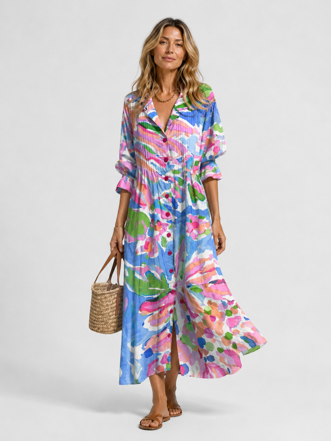 Women's multi printed button-front shirt dress