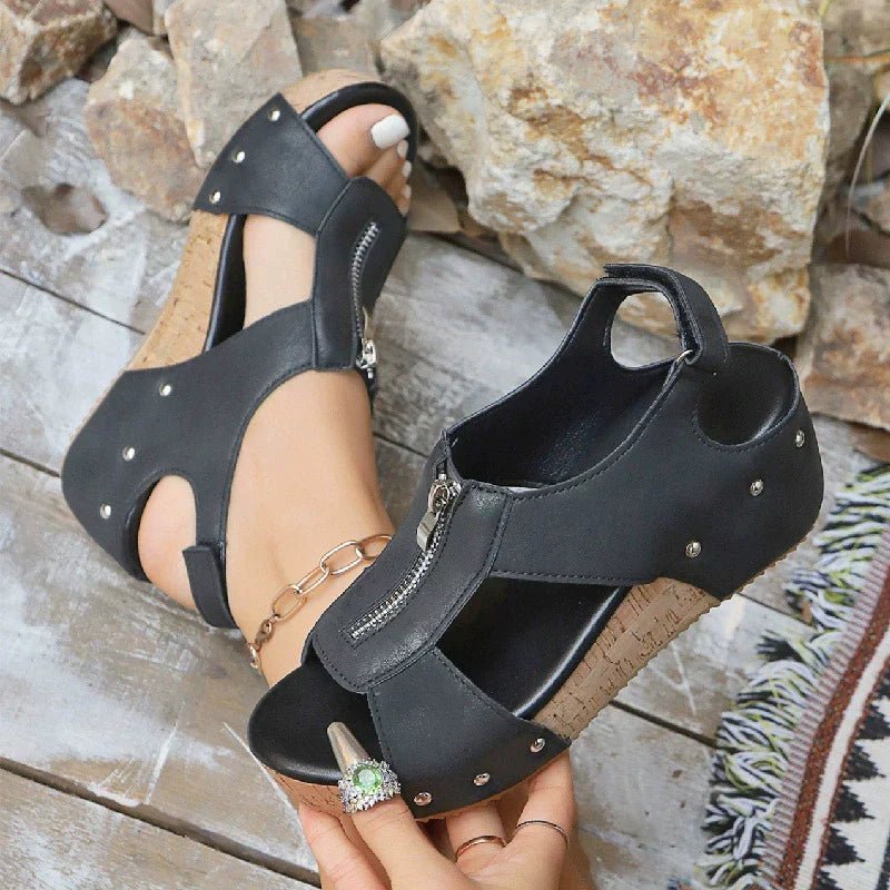Women's Sandals Cork Wedge Platform Zip-Front 7