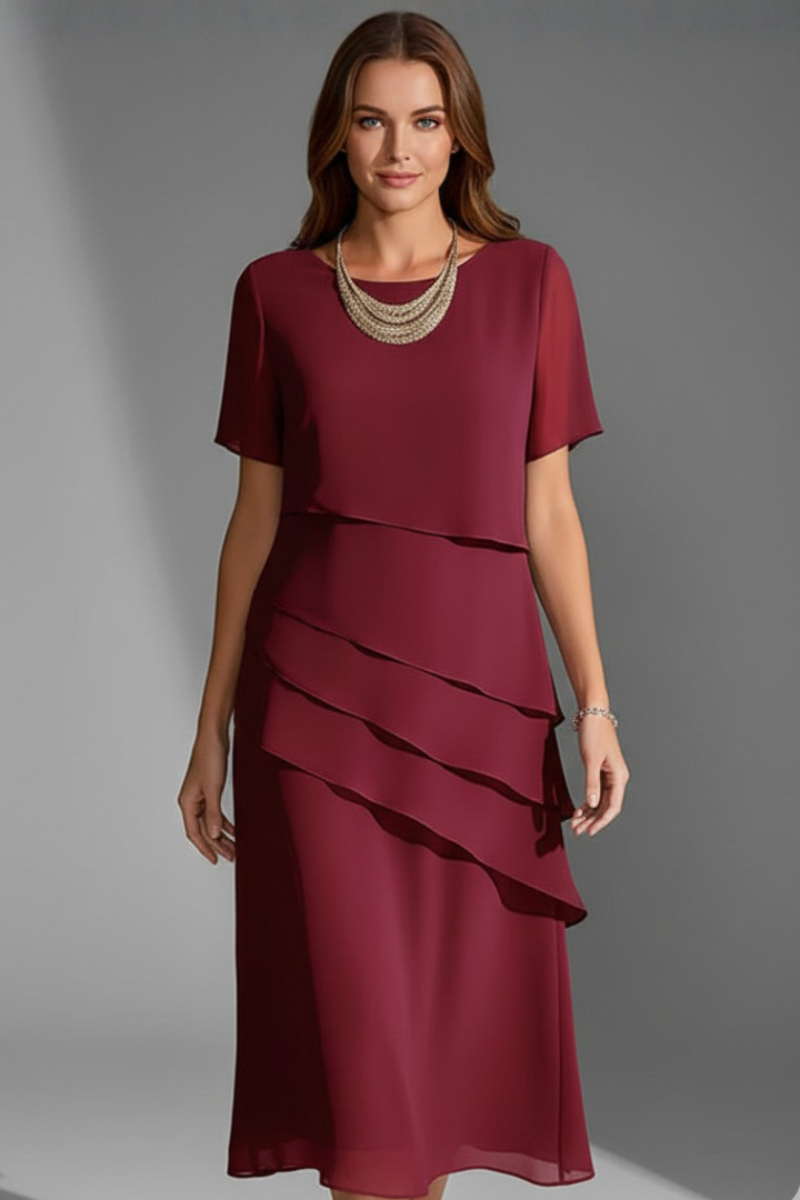 Women's blue short sleeve dress with layered front panel