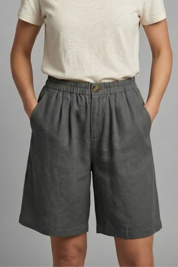Women's grey elasticated waist shorts with drawstring and side pockets