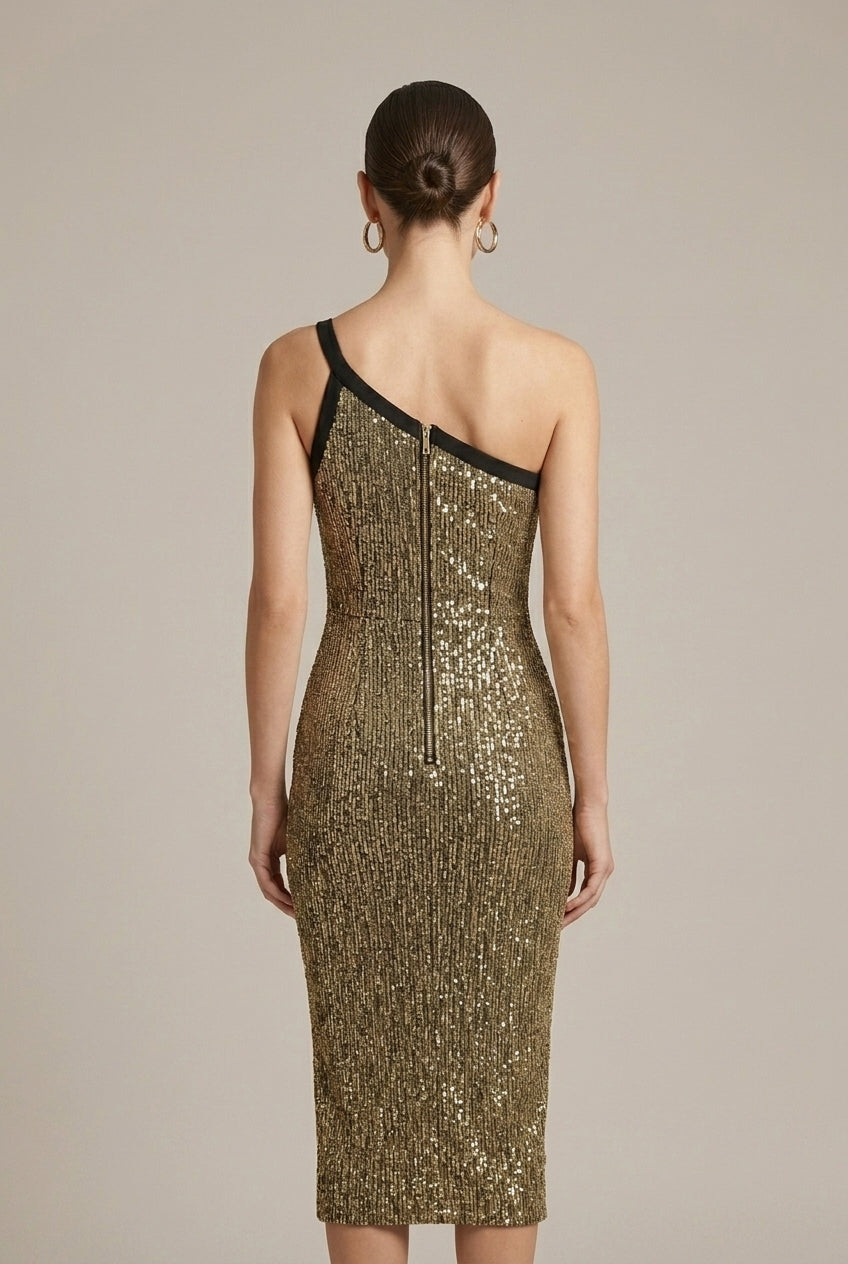 Women's gold one shoulder sequin bodycon cocktail dress