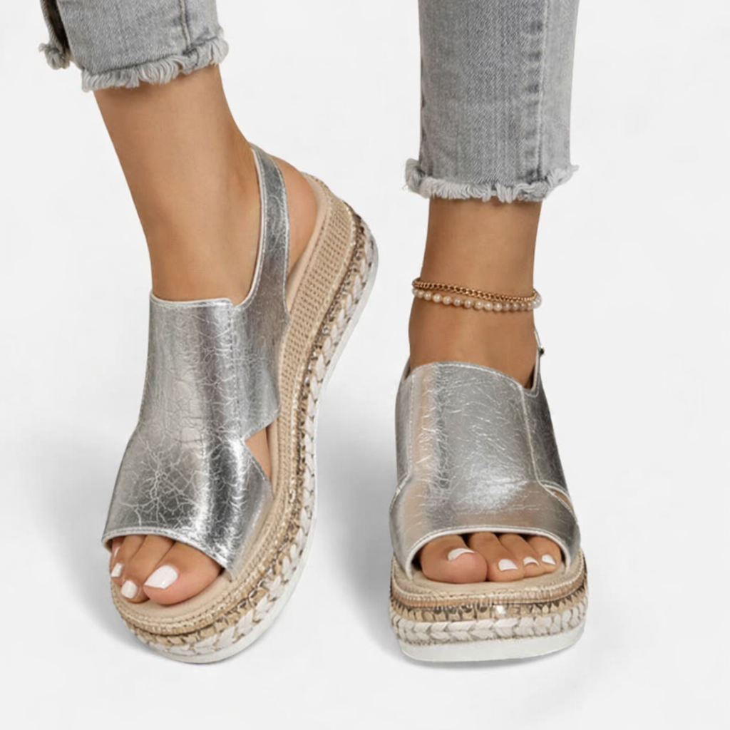 Women's silver metallic espadrille wedge sandals