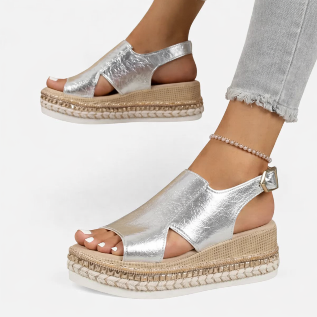 Women's silver metallic espadrille wedge sandals