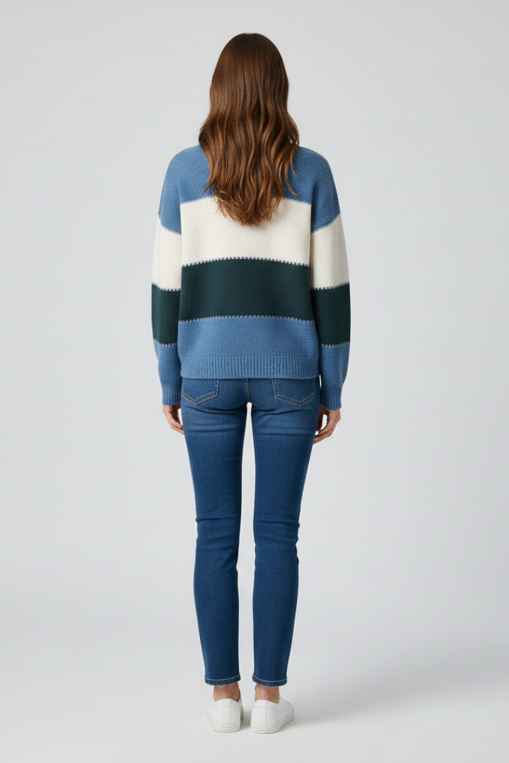 Women's blue striped knit jumper with a relaxed fit and simple neckline