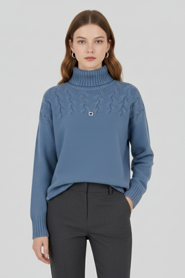 Women's sky blue turtleneck cable knit jumper with ribbed cuffs and hem