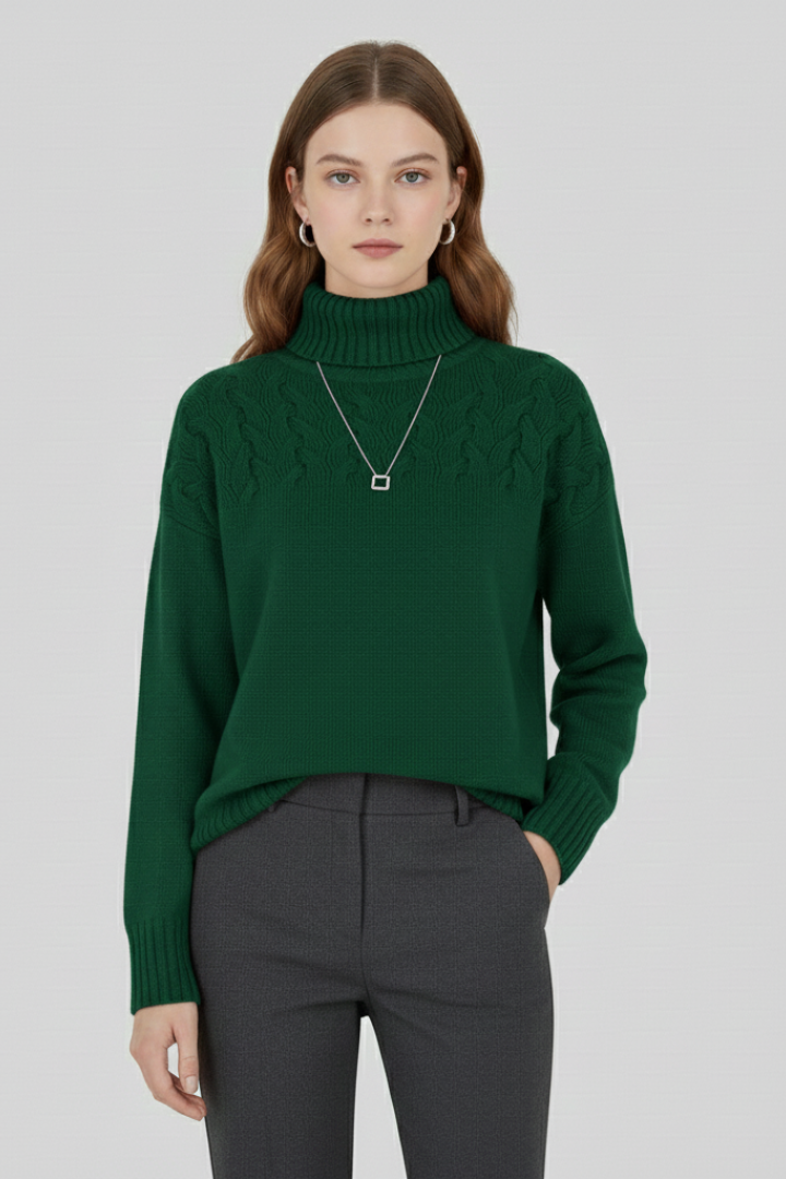 Women's sky blue turtleneck cable knit jumper with ribbed cuffs and hem