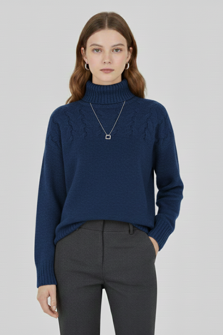 Women's sky blue turtleneck cable knit jumper with ribbed cuffs and hem