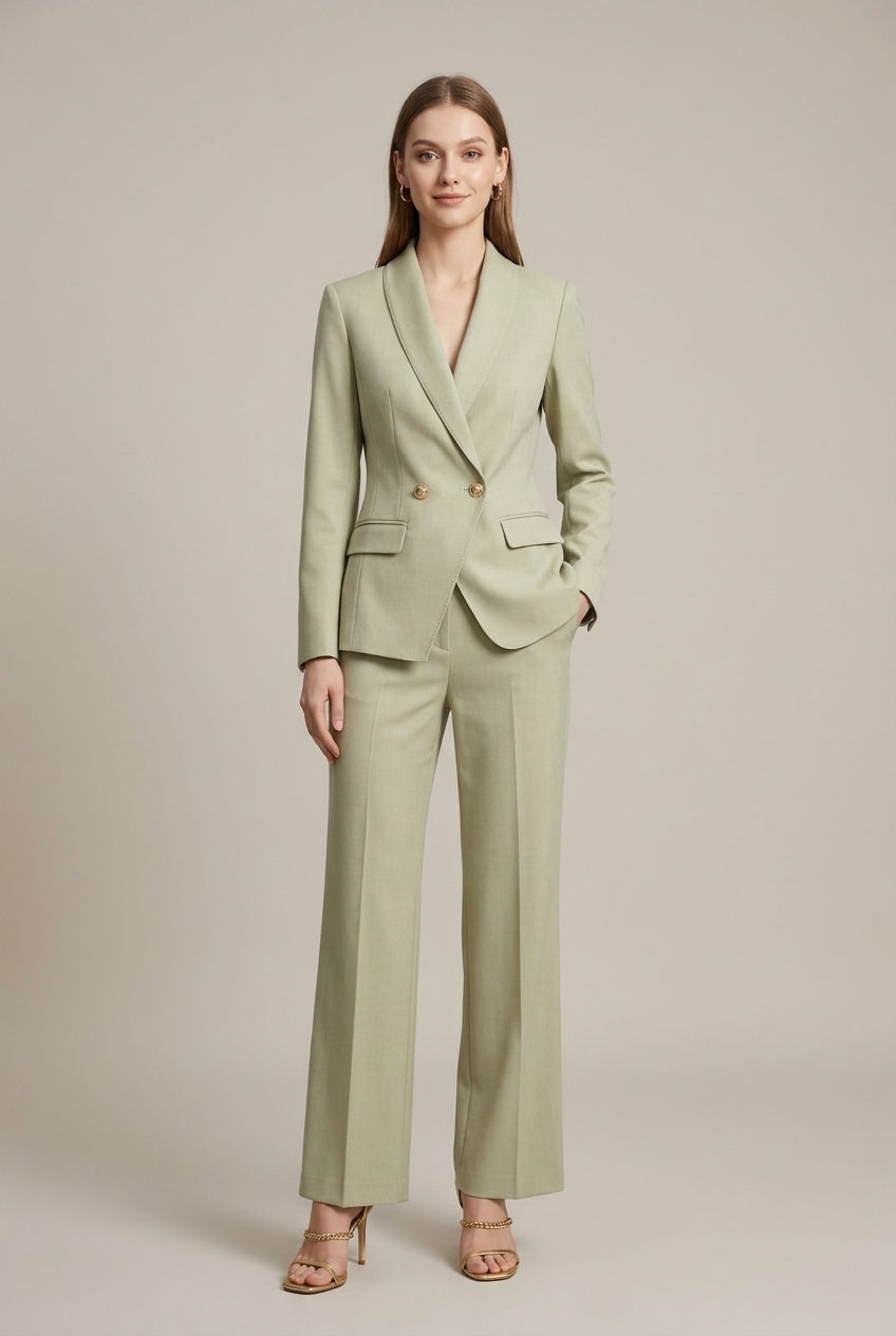Women's sage green shawl collar blazer and trousers two piece suit