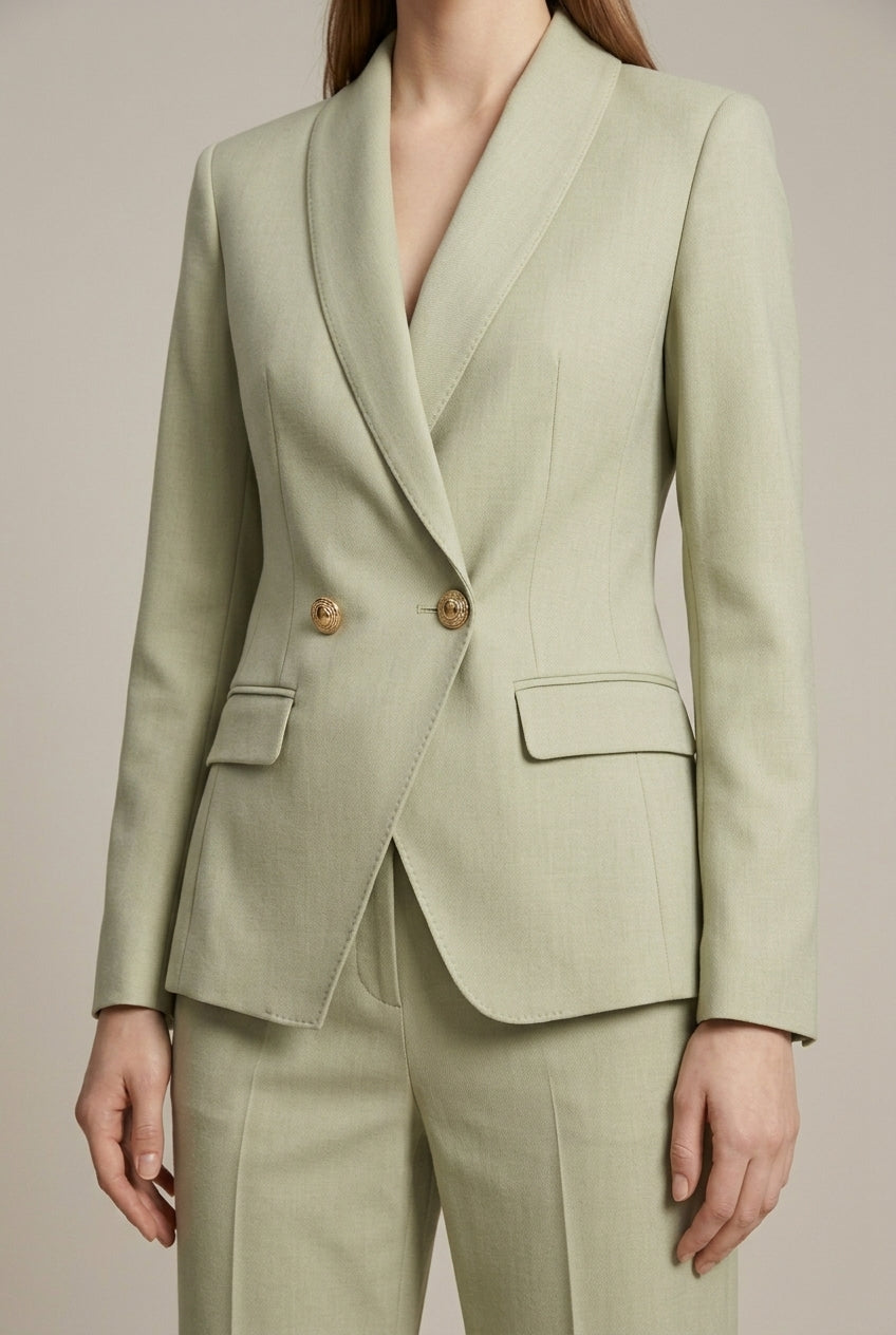 Women's sage green shawl collar blazer and trousers two piece suit