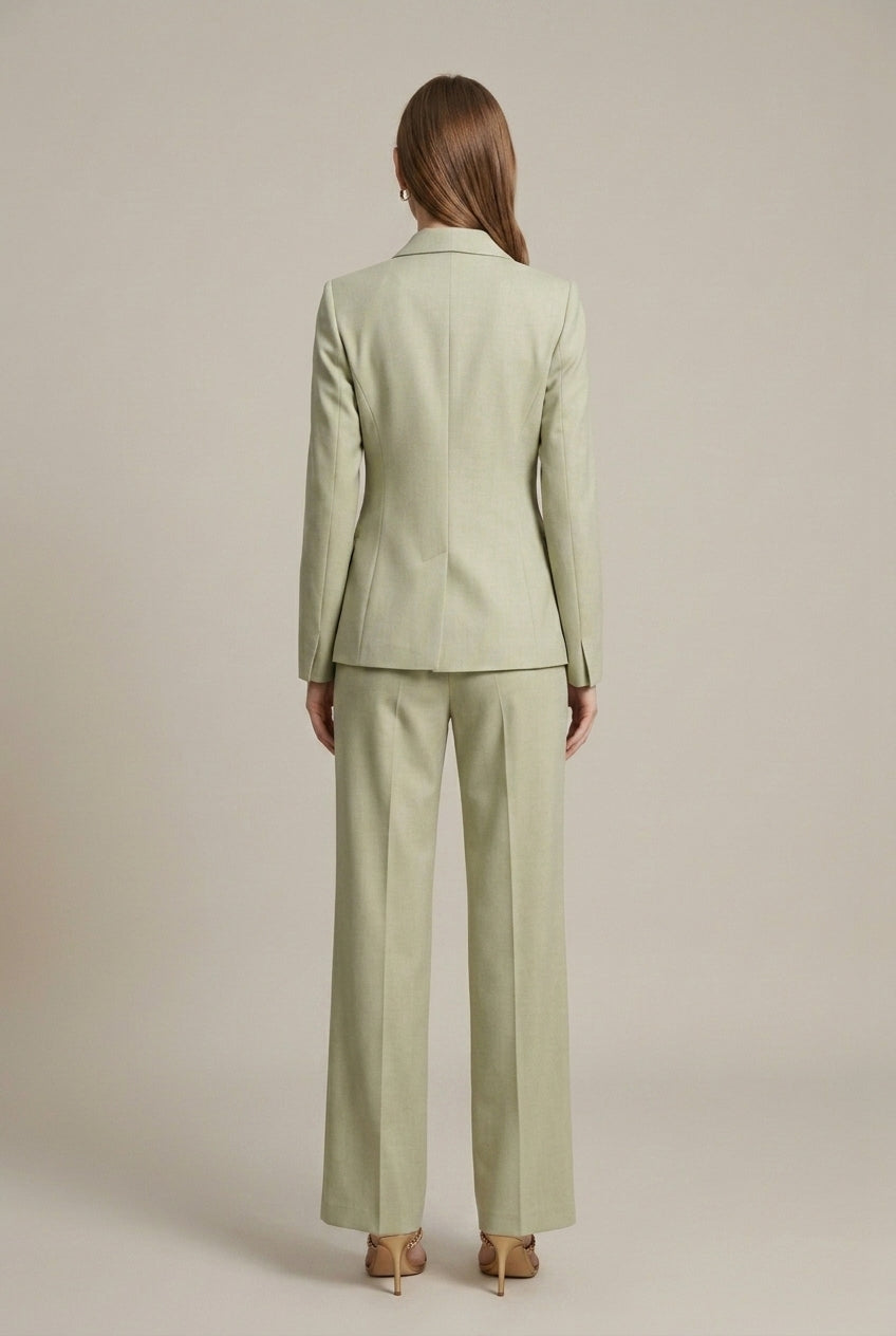 Women's sage green shawl collar blazer and trousers two piece suit