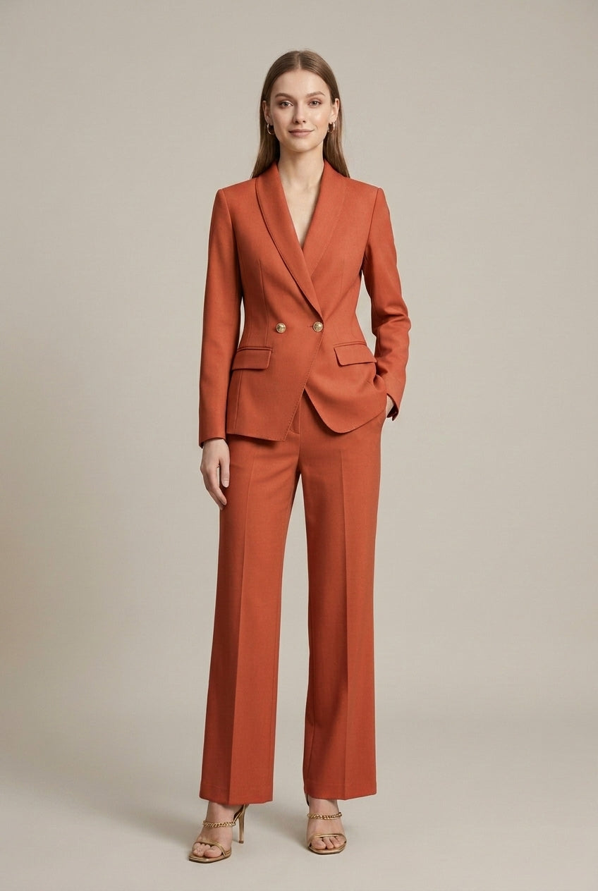Women's sage green shawl collar blazer and trousers two piece suit