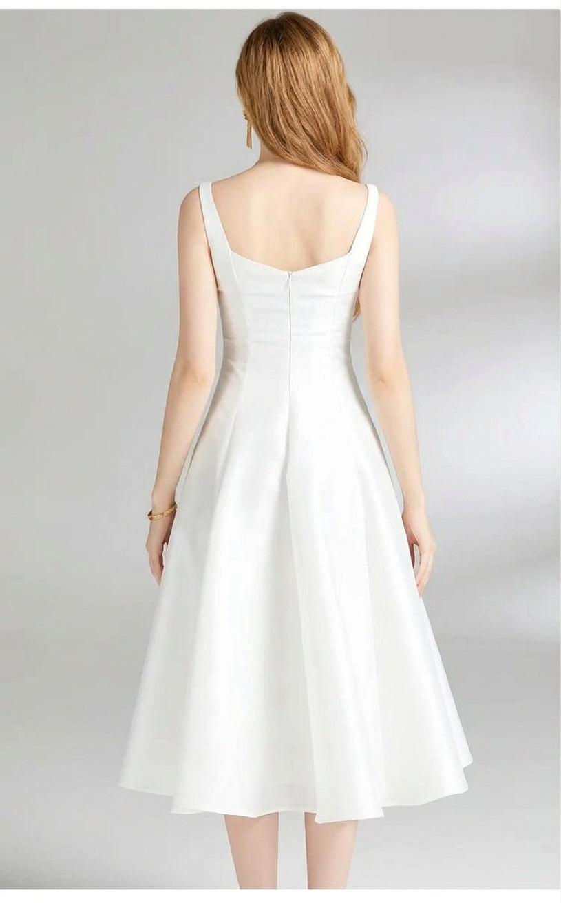 Women's white square neck A line midi dress sleeveless