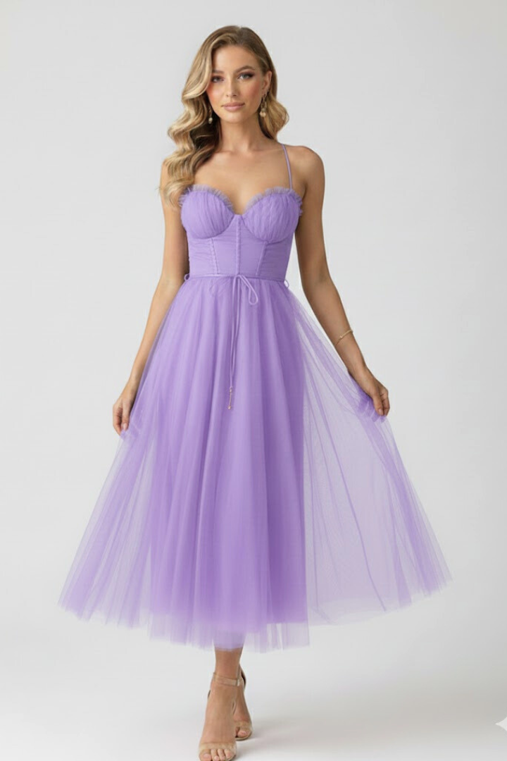 Women's brown corset tulle prom midi dress with sweetheart neckline
