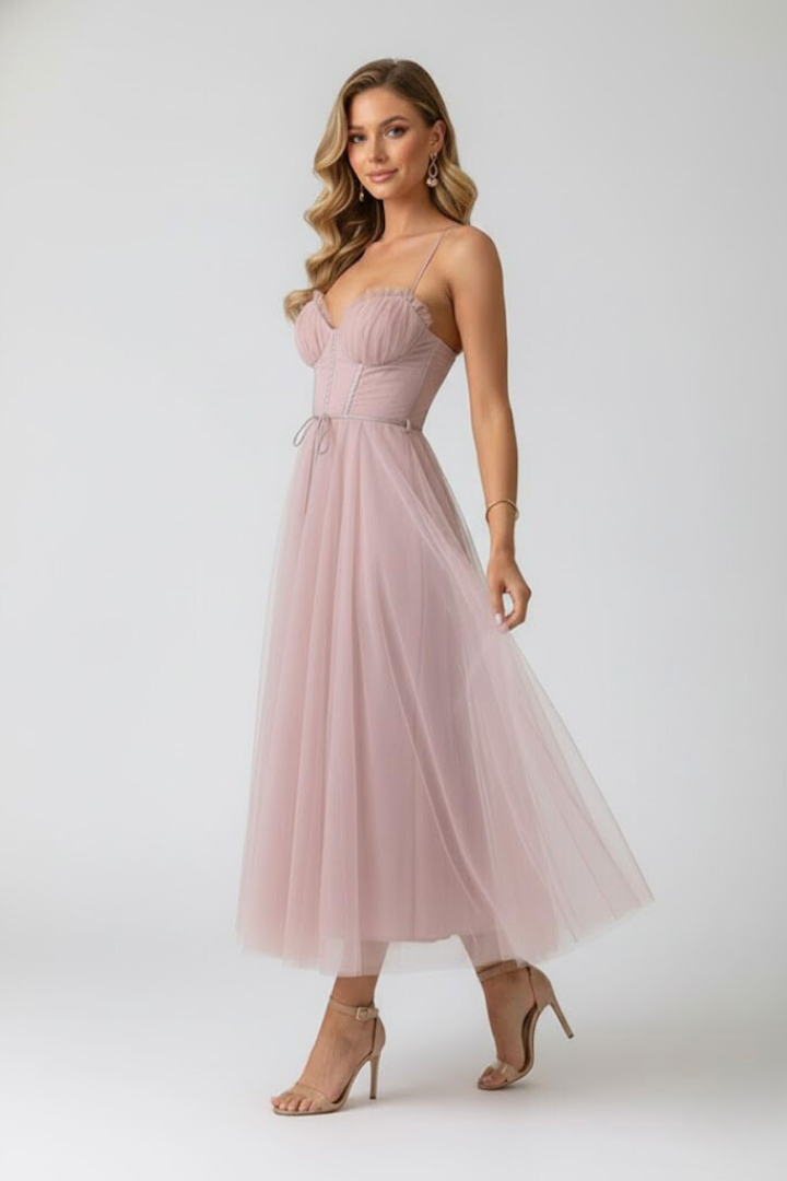 Women's pink corset tulle prom midi dress with sweetheart neckline