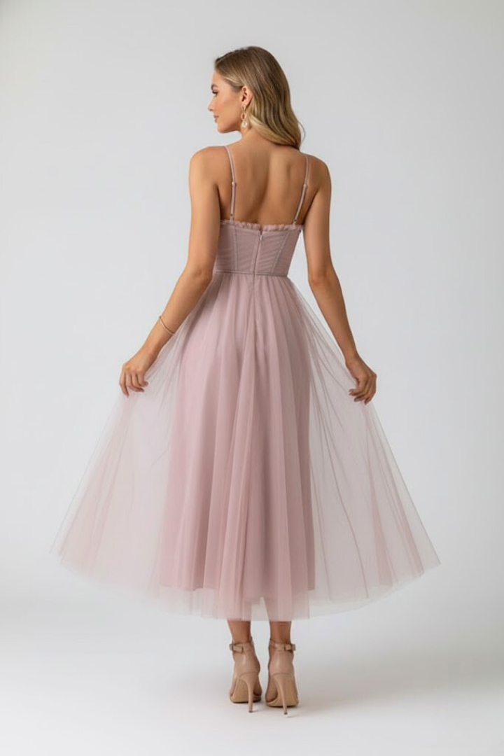 Women's black corset tulle prom midi dress with sweetheart neckline