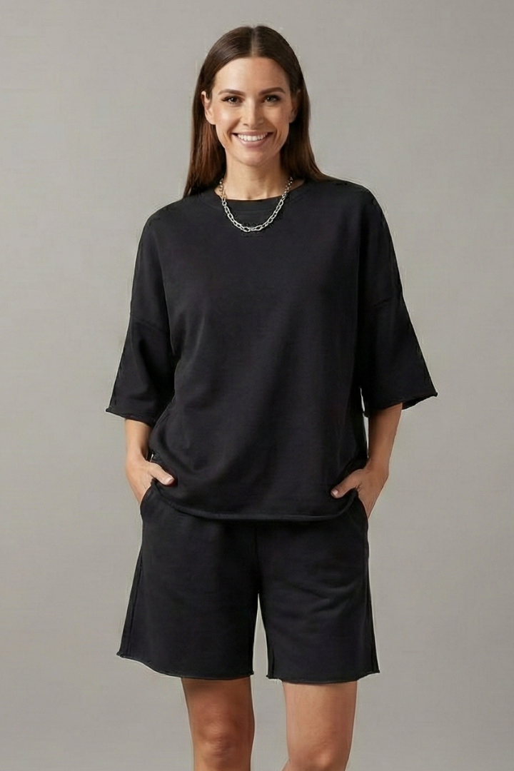 Women's black crop top and drawstring shorts co-ord set for summer loungewear