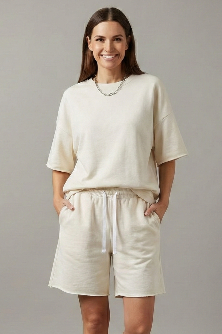Women's white crop top and drawstring shorts co-ord set for summer loungewear