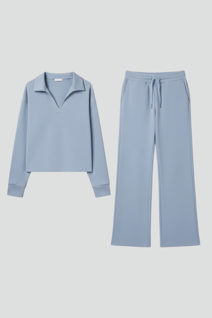 Women's light blue v-neck top and wide-leg trousers co-ord set for everyday wear