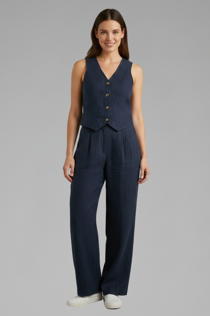 Women's blue sleeveless waistcoat and wide trouser two-piece set