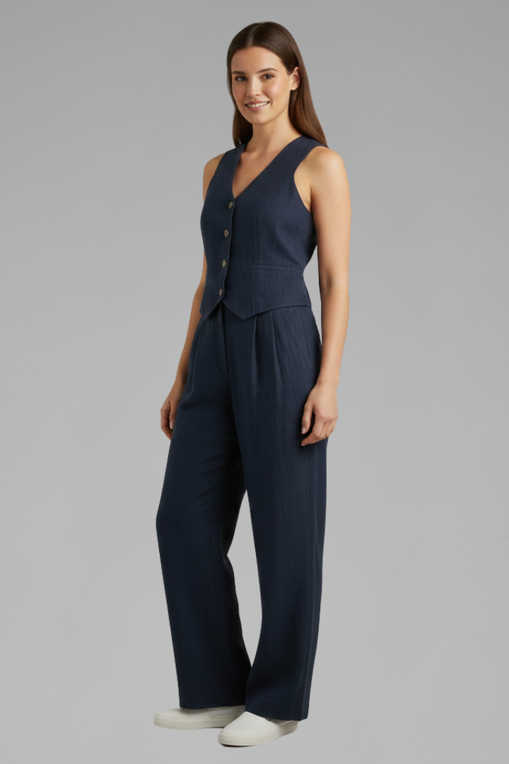 Women's blue sleeveless waistcoat and wide trouser two-piece set