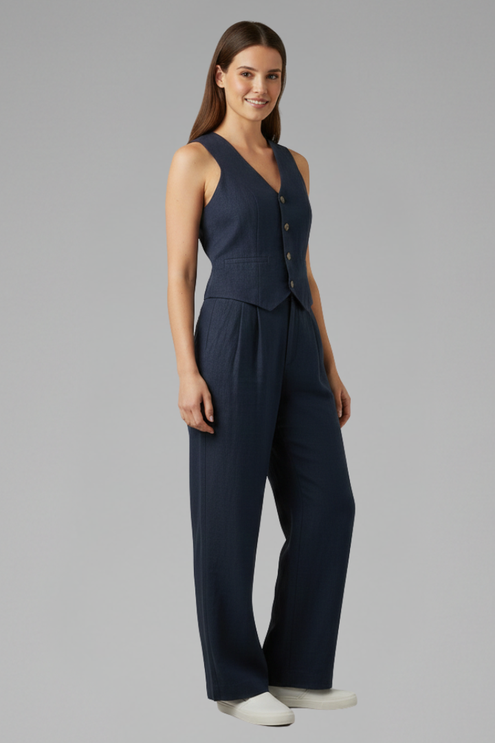 Women's blue sleeveless waistcoat and wide trouser two-piece set