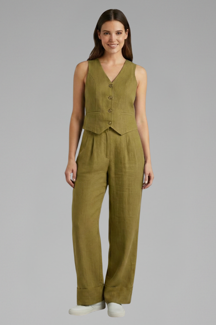 Women's olive green sleeveless waistcoat and wide trouser two-piece set