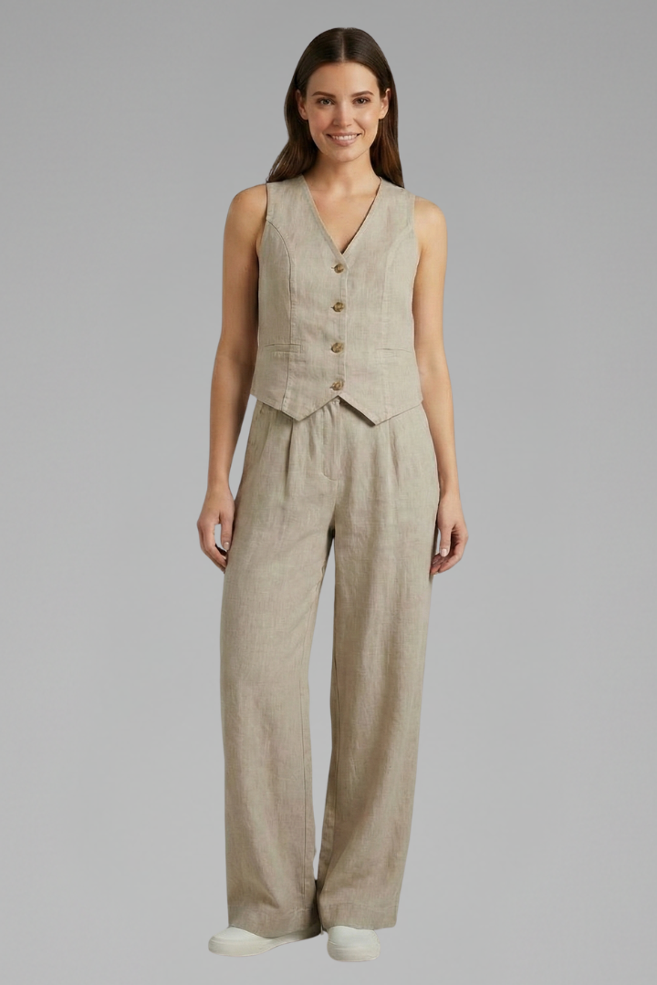 Women's olive green sleeveless waistcoat and wide trouser two-piece set