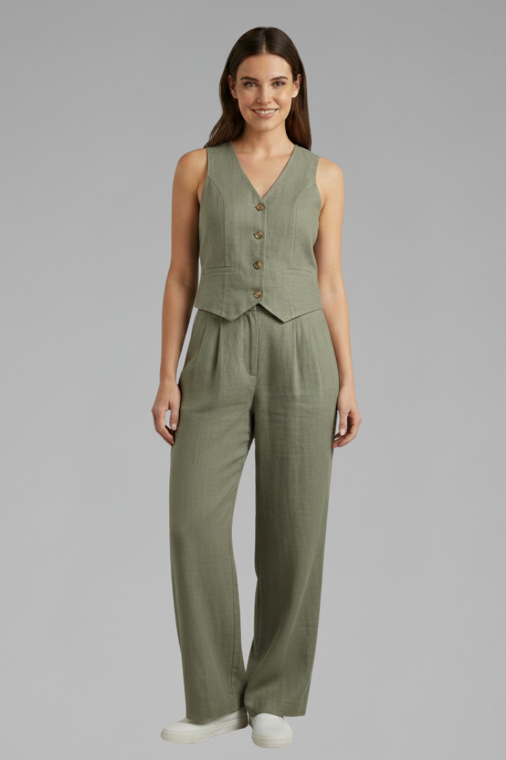 Women's olive green sleeveless waistcoat and wide trouser two-piece set