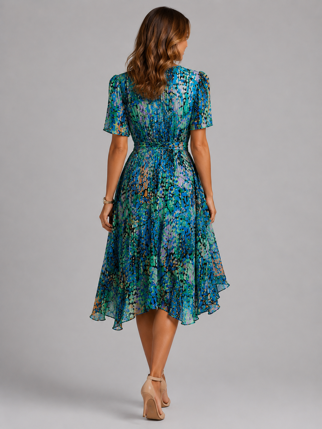 Women's blue printed v-neck midi summer dress