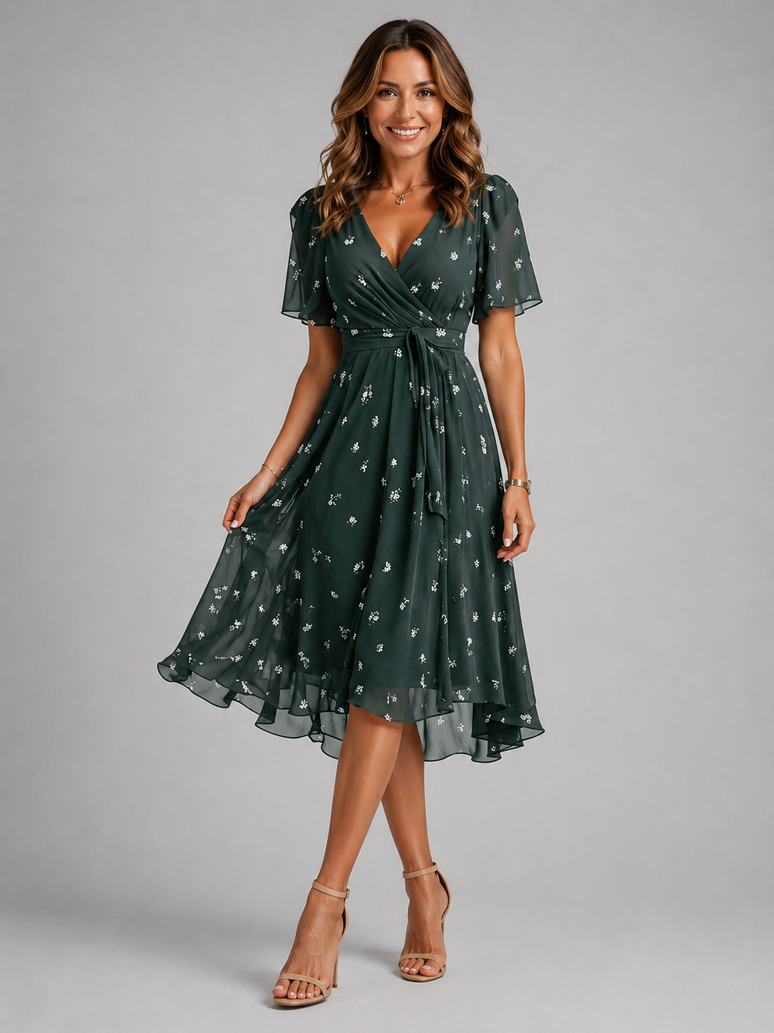 Women's multi printed v-neck midi summer dress