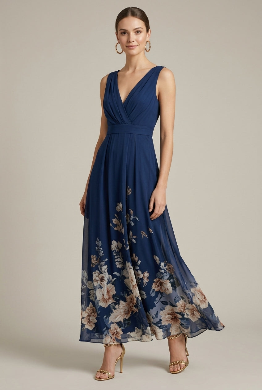 Women's dark blue floral border print maxi dress with V neck