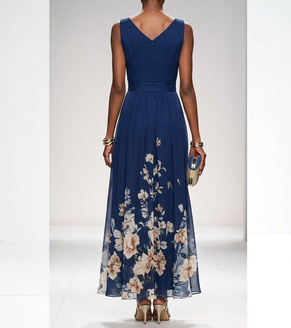 Women's dark blue floral border print maxi dress with V neck