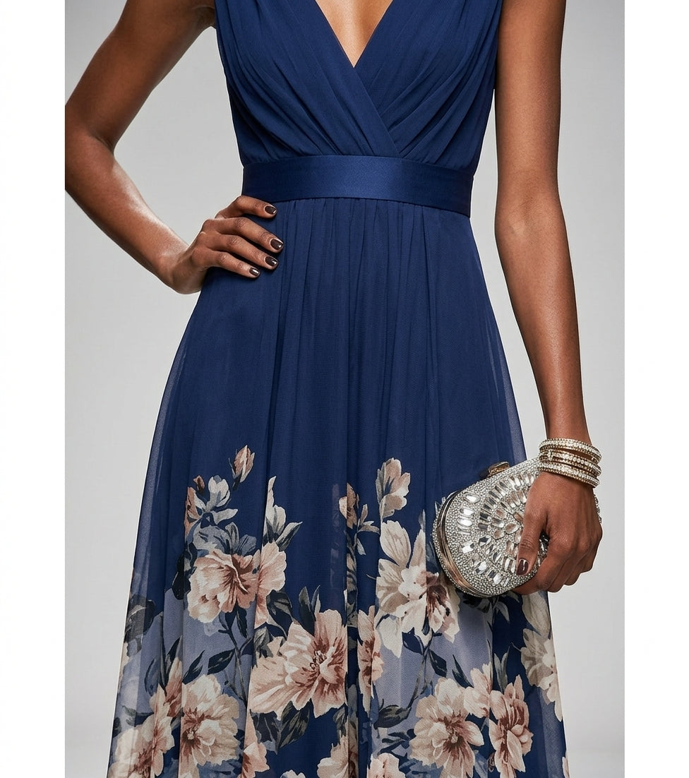 Women's dark blue floral border print maxi dress with V neck