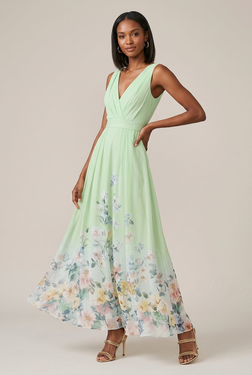 Women's dark blue floral border print maxi dress with V neck