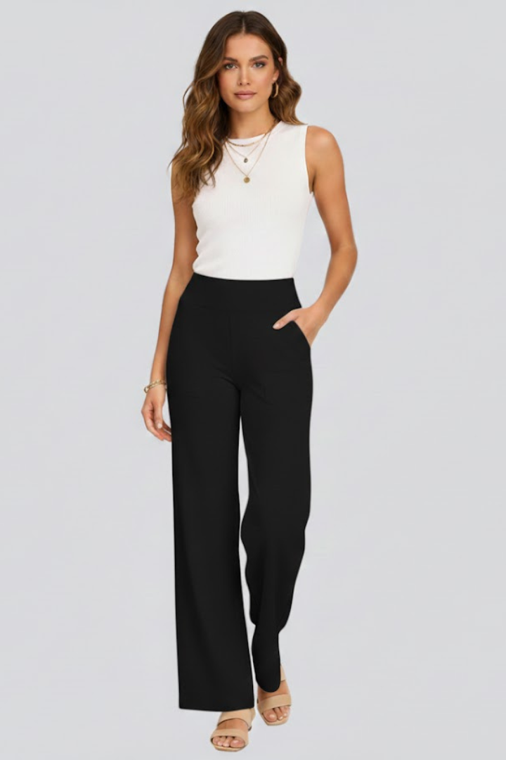 Women's taupe wide leg pull-on trousers with a high waist and side pockets
