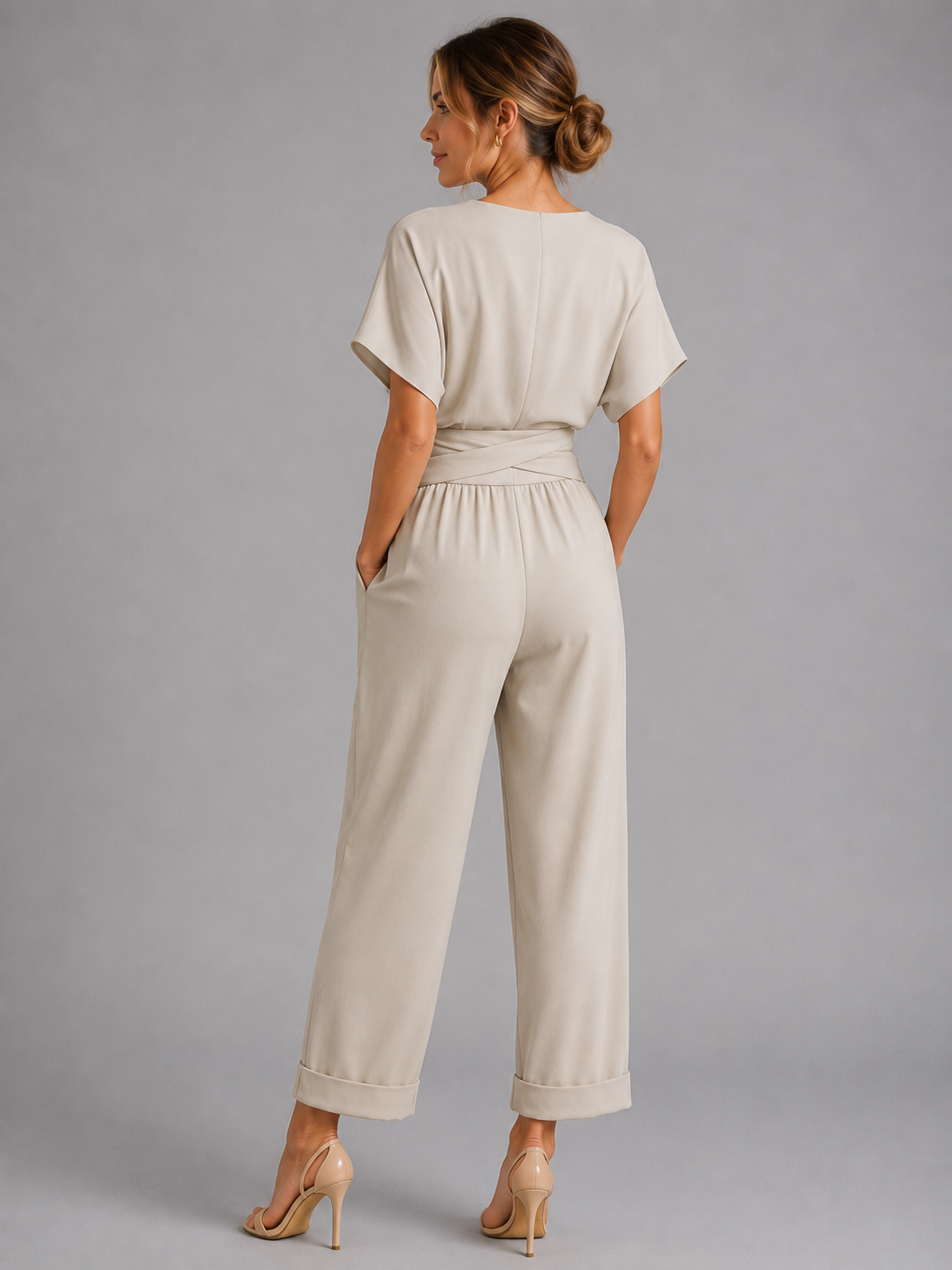 Women's apricot wrap front co-ord set with wide leg trousers