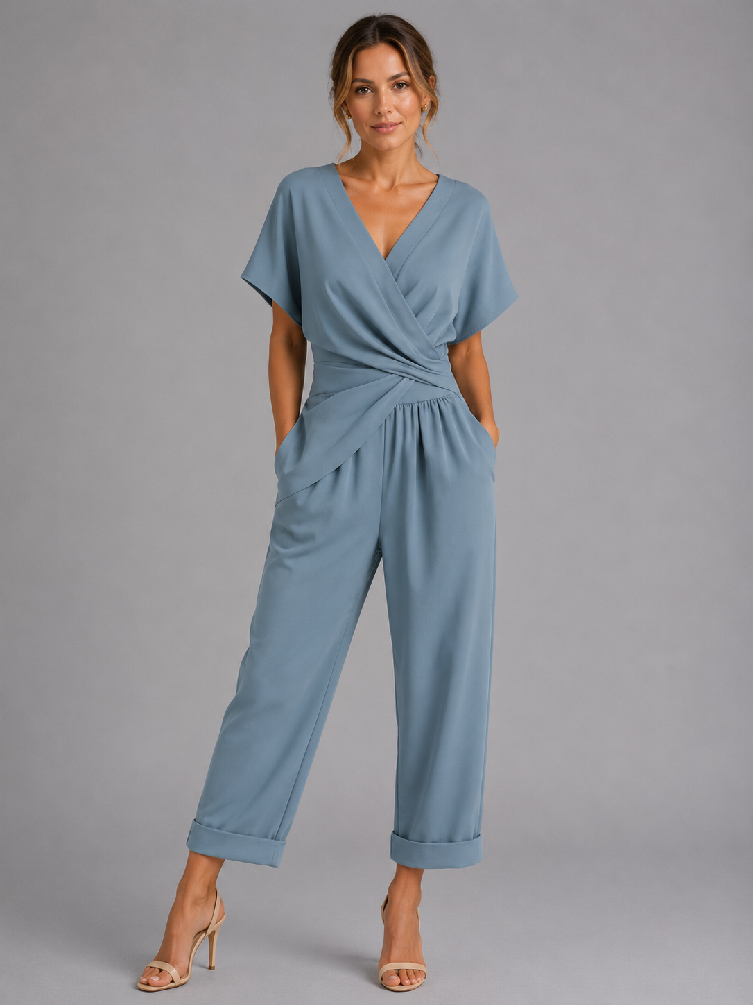 Women's apricot wrap front co-ord set with wide leg trousers