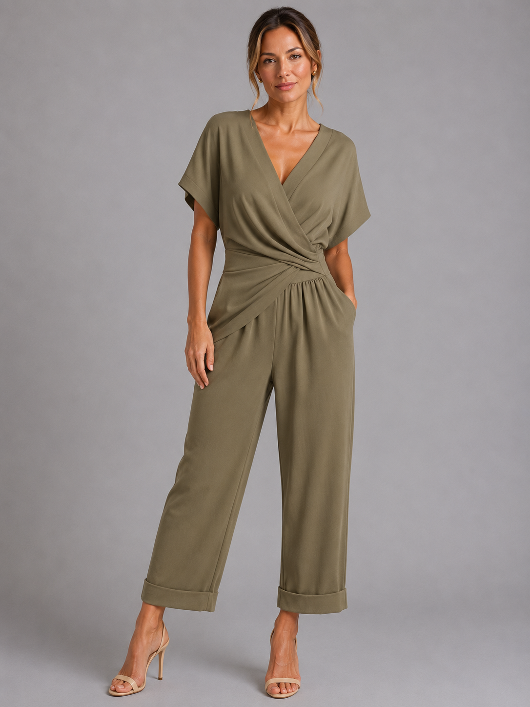 Women's apricot wrap front co-ord set with wide leg trousers