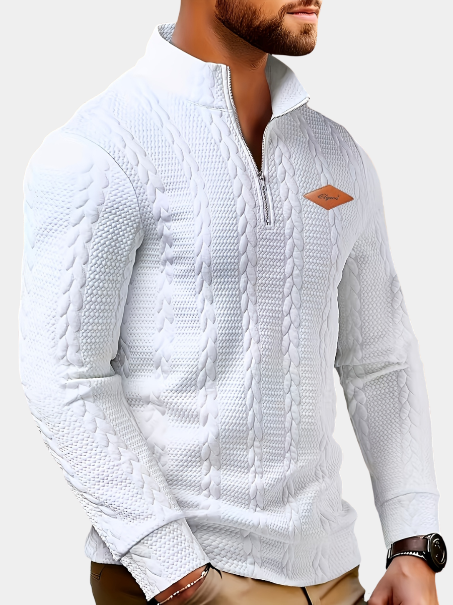 Men's white half zip knit jumper with a crew neck for transitional layering