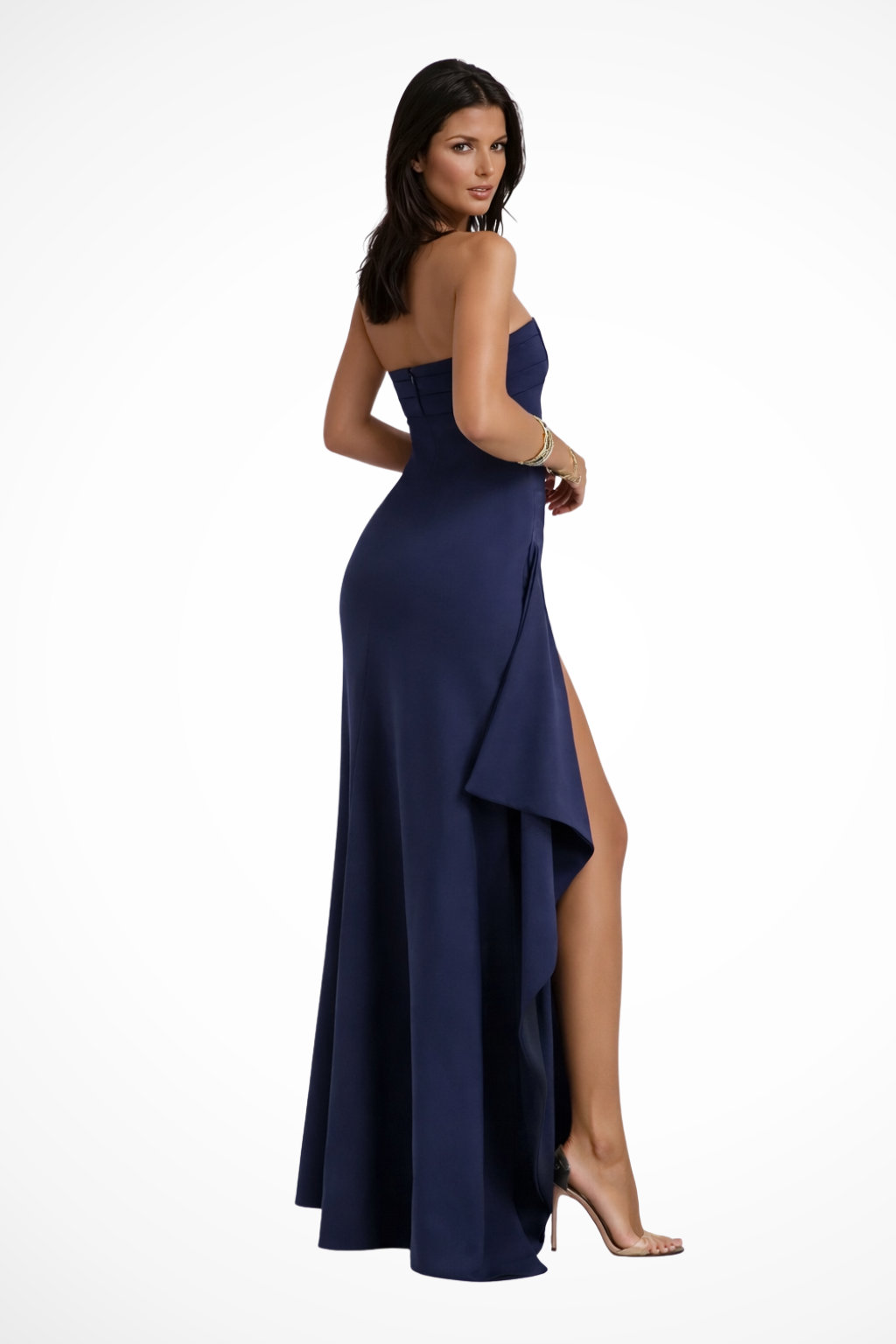 Women's strapless maxi dress with a high side split
