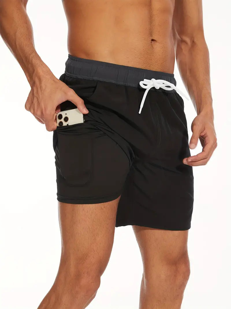 Men's army green 2-in-1 swim shorts with compression liner